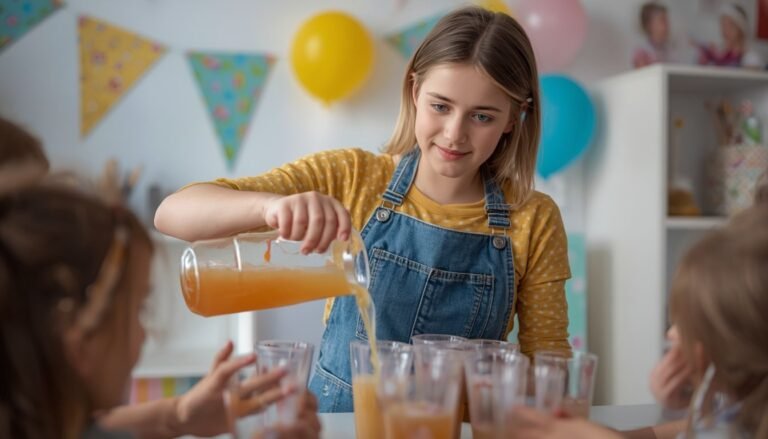 A young person handing out party food at a child's birthday, bunting strung behind them