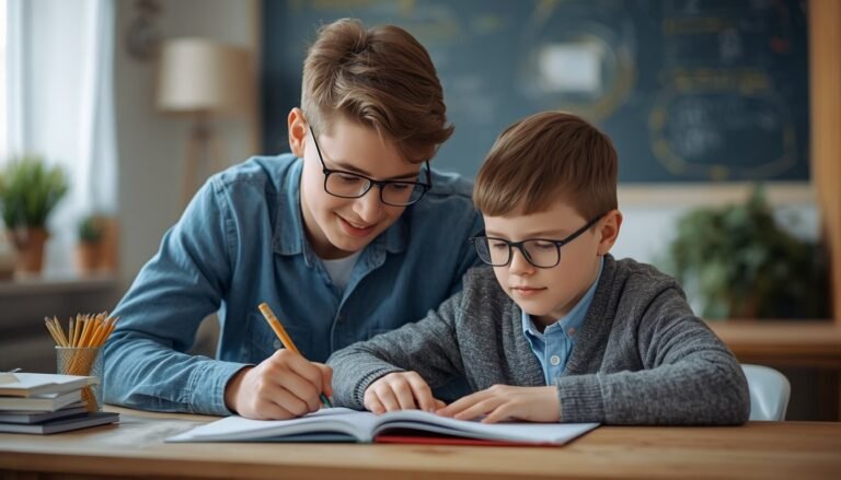 A young person sitting at a kitchen table helping a younger child with their homework