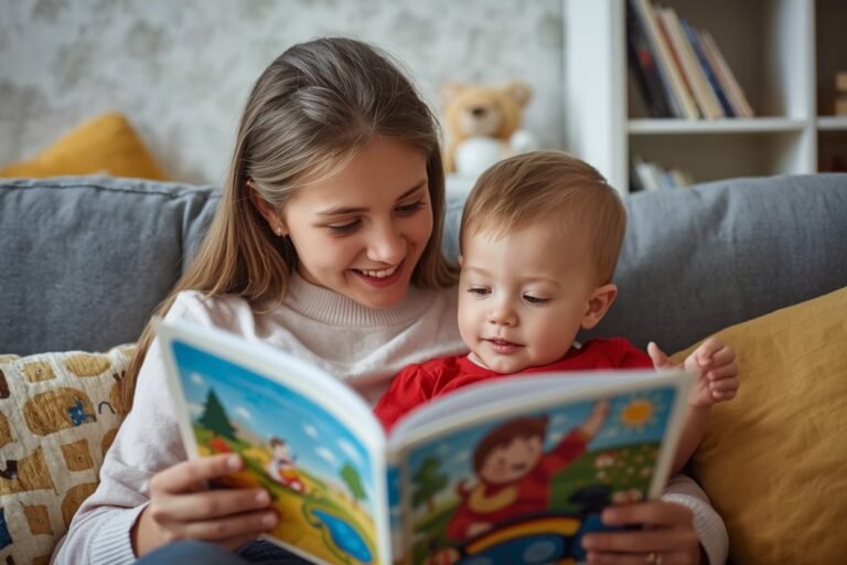 A young person reading a picture book aloud to a small child curled up beside them