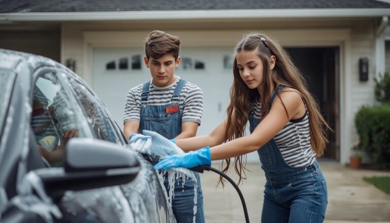 Two young people washing a car together in a driveway, buckets and suds at their feet