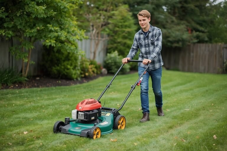A young man mowing a back lawn in the late afternoon, the cut grass in stripes behind him