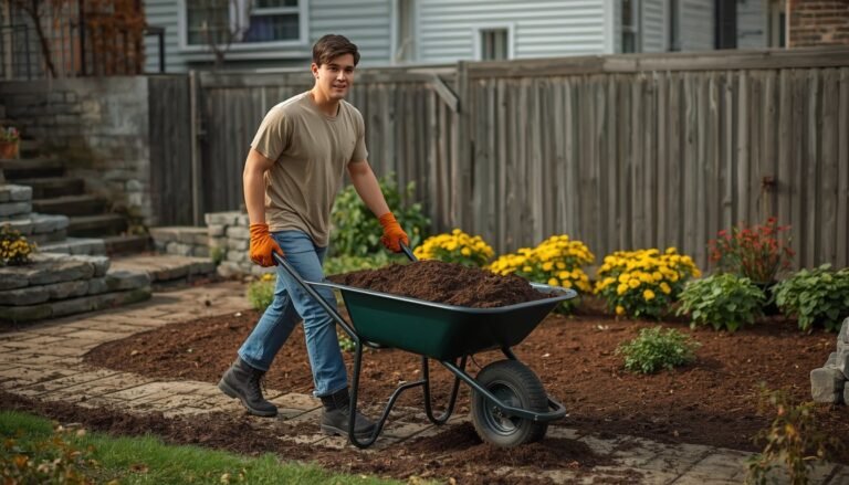 A young man pushing a wheelbarrow of garden clippings across a lawn