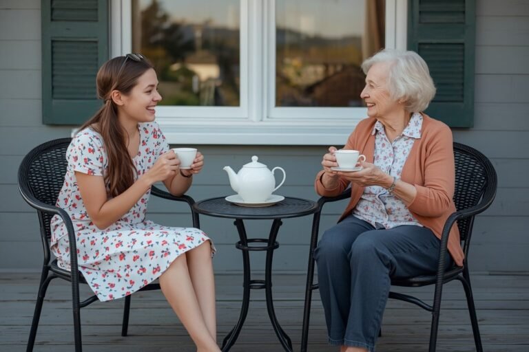 A young person and an older neighbour sitting together over a pot of tea on a front porch, both of them laughing